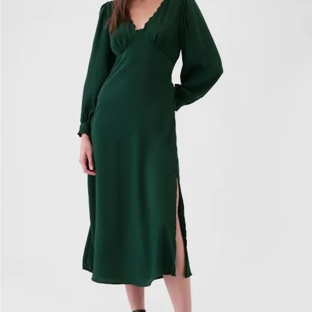 GAP Dark Green Satin Empire Midi Dress
